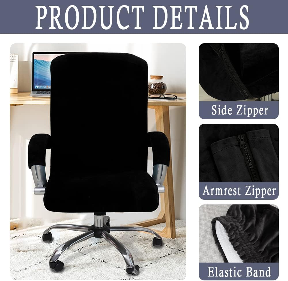 ITFRO 3 Piece Office Chair Cover with Armrest Covers Velvet Computer Desk Chair Cover with Zipper Universal Rotating Gaming Chair Slipcover High Back Chair Seat Protector (Black)