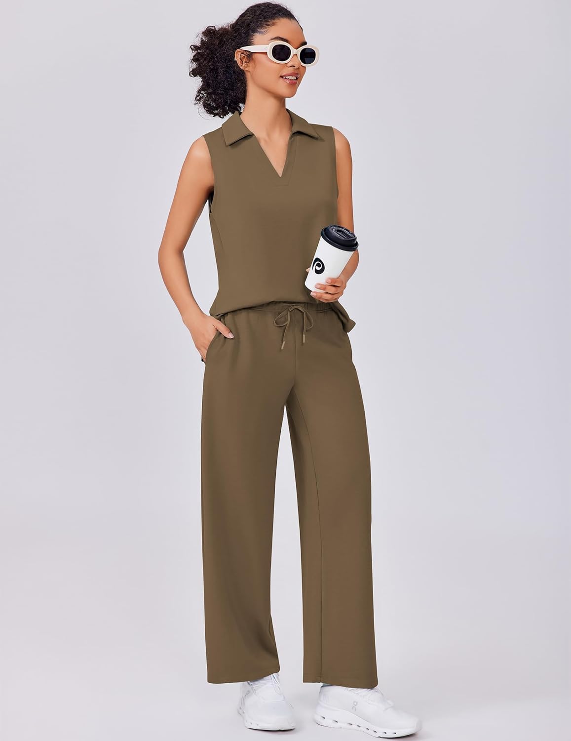 PINSPARK Two Piece Sets for Women Summer Outfits Sleeveless Lounge Sets V Neck Tops Wide Leg Crop Pants Travel Tracksuit - Image 4