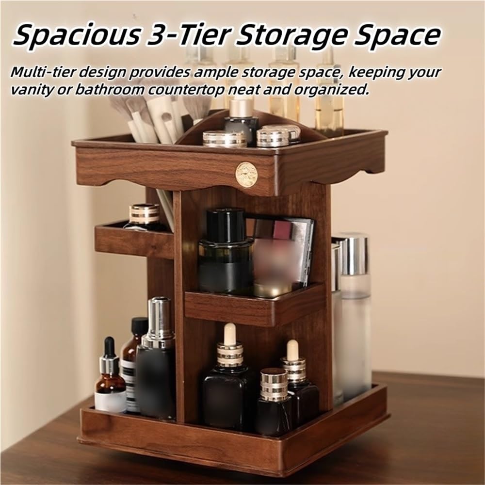 Organizzatore rotante per trucco con porta pennelli, organizer quadrato da banco in legno, per cosmetici, cura della pelle, profumi, rossetti, camera da letto