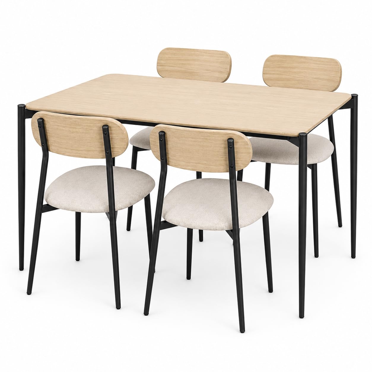 Set Tavolo e 4 Sedie moderno per Cucina e Sala da Pranzo, Tavolo Rettangolare 110x70 cm con Struttura in Metallo Nero, Piano MDF Effetto Legno, Sedie Imbottite in Tessuto, Set 5 Pezzi 4 Posti (Rovere)