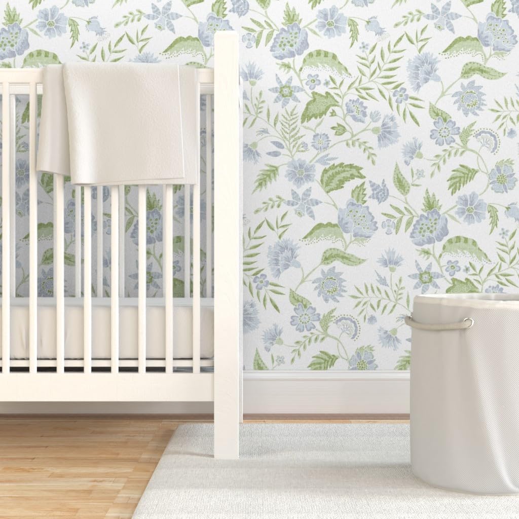 Spoonflower Peel & Stick Wallpaper Swatch - Boho Floral Modern Chintz Garden Vine Cottagecore Farmhouse Blue Green Custom Removable Wallpaper