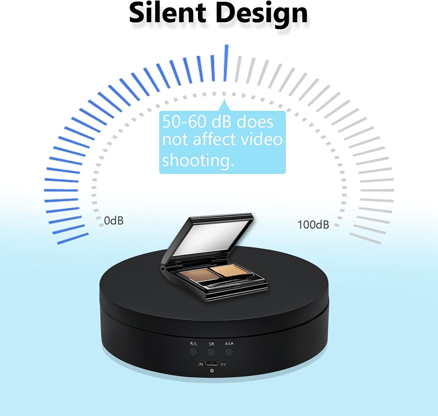 Image illustrating the silent design of the display stand, with a noise level of 50-60 dB, suitable for video shooting.