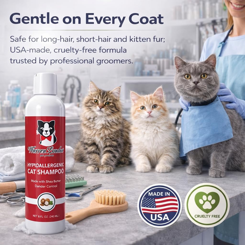 Warren London Hypoallergenic Cat Shampoo + Conditioner – Unscented 8 oz | Shea Butter Moisturizes Dry Skin & Reduces Dandruff | Soap-Free 2-in-1 for Dander & Allergy Control | Made in USA
