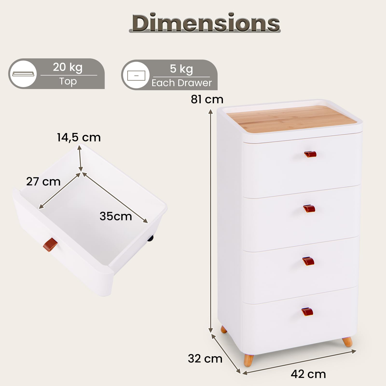KOMFOTTEU Cajonera con 4 Cajones para Dormitorio, Cómoda con Bandeja Extraíble de Bambú y Patas de Madera Maciza, Mueble de Almacenamiento para Salón, Oficina, Estudio, 42 x 32 x 81,5 cm, Blanco