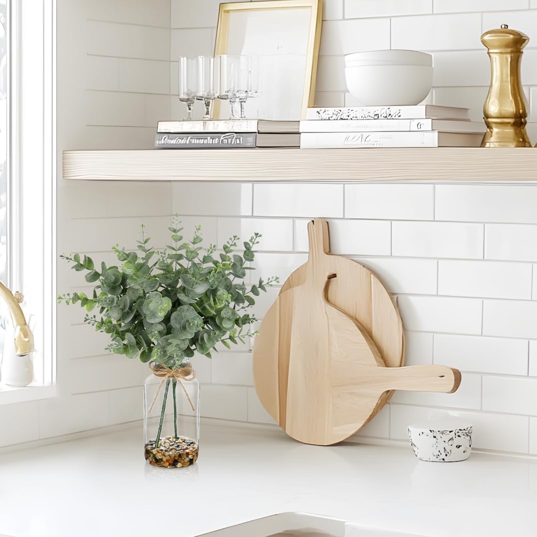 Hollyone Artificial Eucalyptus Stems in Glass Vase with Faux Water and Stones, 14.6" Fake Plants Eucalyptus Leaves with Seeds Branch for Indoor Shelf Desk Home Bathroom Wedding Table Centerpiece Decor - Image 6