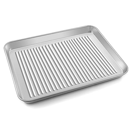 P&P CHEF Toaster Oven Pan, 12.5 x 9.7 x 1 Inch Stainless Steel Cookie Baking Pan Oven Tray for Cooking & Roasting, Corrugated Bottom Rectangular Pan, Healthy & Durable, Dishwasher Safe
