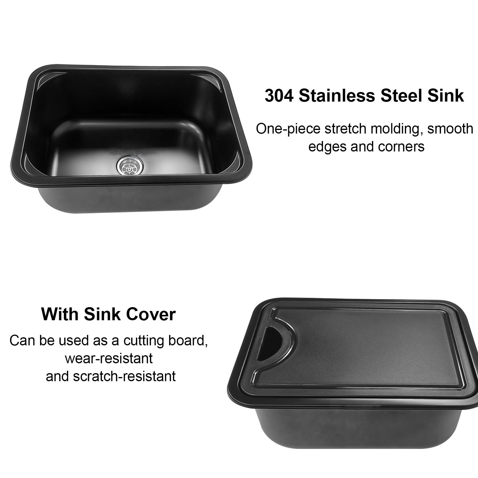 Kit de Fregadero para Autocaravana, con Grifo y Tapa de PE, Fregadero de Acero Inoxidable, con Desagüe, 380 X 280 X 145 Mm, para Autocaravanas, Remolques de Viaje, Yates, Bajo Desagüe(Silver)