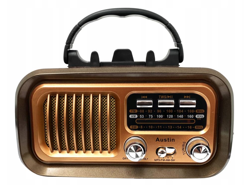 Retropolis Austin Radio Vintage FM/AM/SW – Bluetooth, USB, microSD, Solaire & USB-C, Batterie 1200mAh, Poignée Rétro