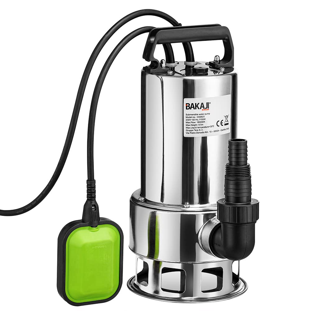 BAKAJI Pompa Immersione Pompa Sommersa Elettropompa Acque Scure Sporche e Pulite Con Galleggiante 1100 W Profondità di Immersione 7 M Lunghezza Del Cavo 10 M Motore in Acciaio