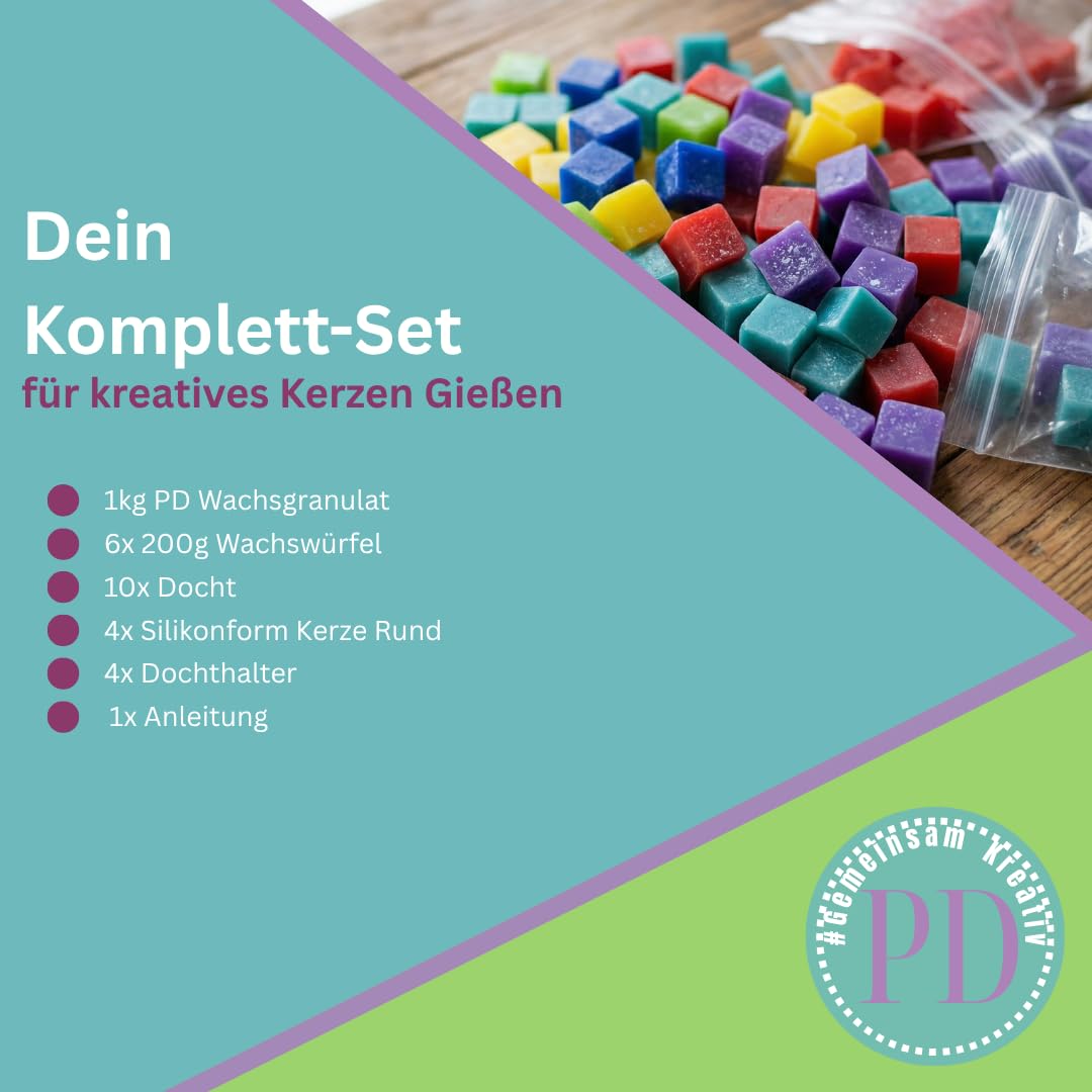 PD mach's selbst PAUL & DANIELA Kerzen gießen Set, bis zu 20Kerzen, 2,2 kg Wachs zum gestalten, Kerzen selber machen, Wachswürfel, Kerzenwachs Set, Wachsreste, Kerzenfresser und Dauerbrenner