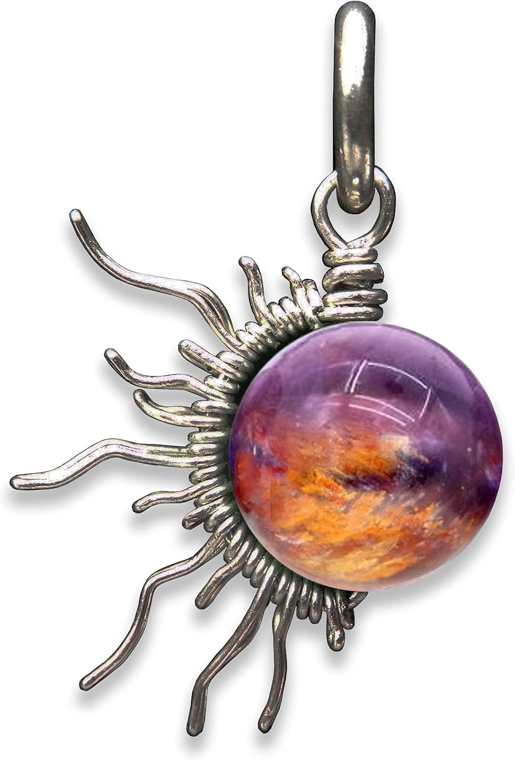 Auralite 23 Amethyst 1/2 Sunburst Wire Pendant- Black Niobium/Silver/Steel/Copper/Bronze/14K Gold, 14K Rose Gold- Pendant or Bracelet Charm - Purple Orange Red Gemstone Jewelry - Eclipse Necklace
