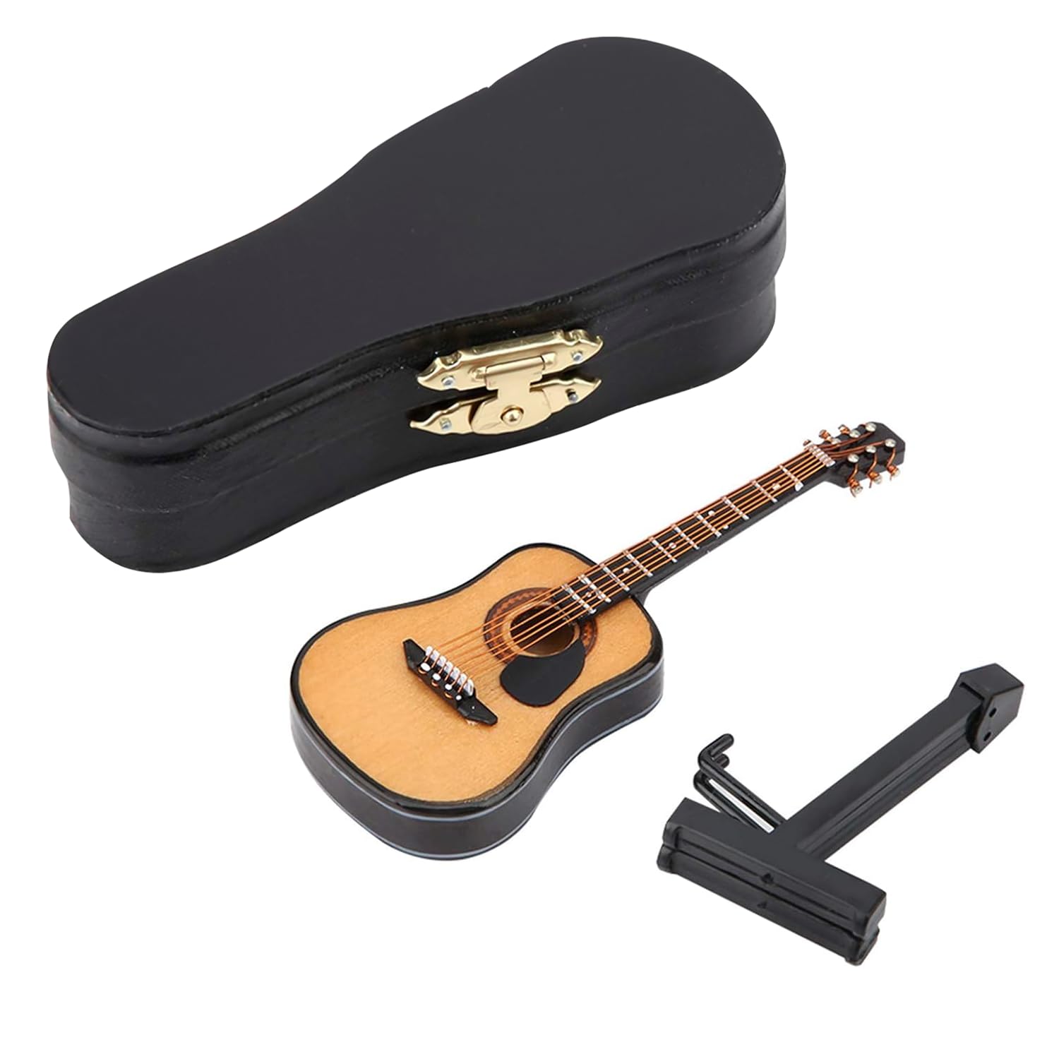 Miniature Guitar Model, Wooden Mini Guitar with Stand and Case, 3.95in Dollhouse Guitar, Musical Instrument Model Home Decor(10CM)