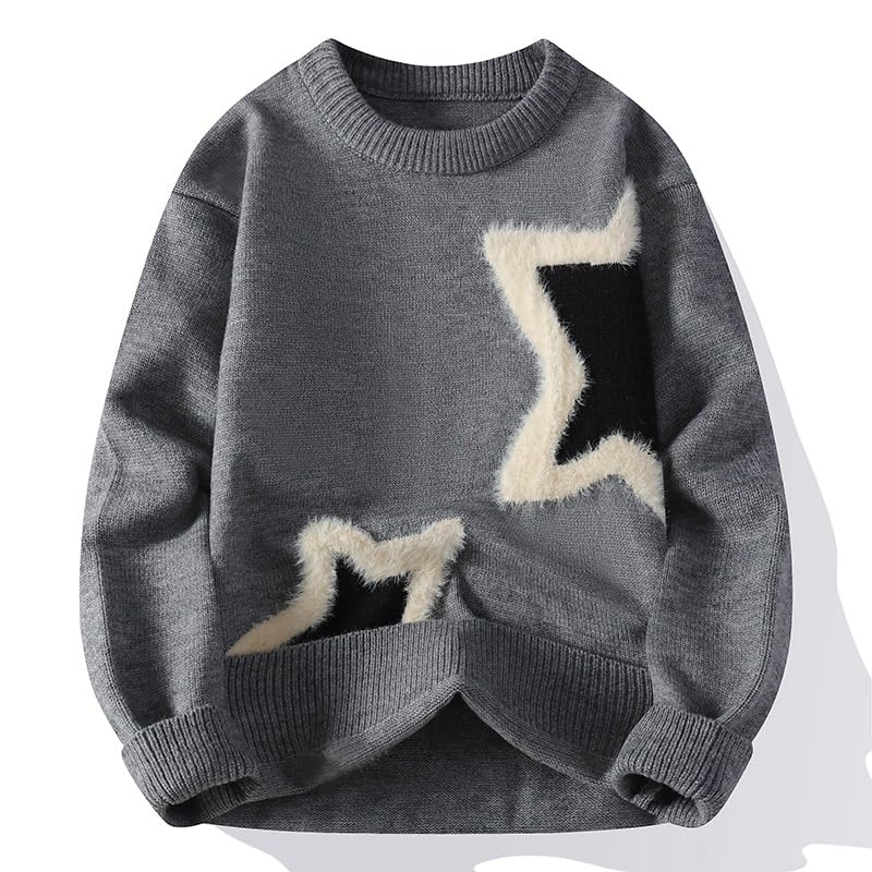 Y2K Pullover Sweaters for Men Star Print Loose Crochet Sweaters Crew Neck Long Sleeve Winter Holiday Sweaters2