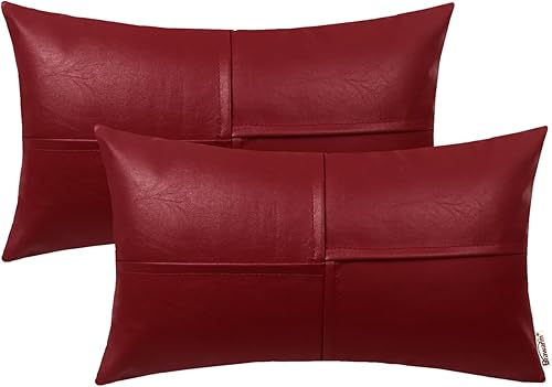 BRAWARM Juego de 2 fundas de almohada de piel sintética de 12 x 20 pulgadas, fundas de almohada lumbar de cuero rojo profundo, almohadas decorativas