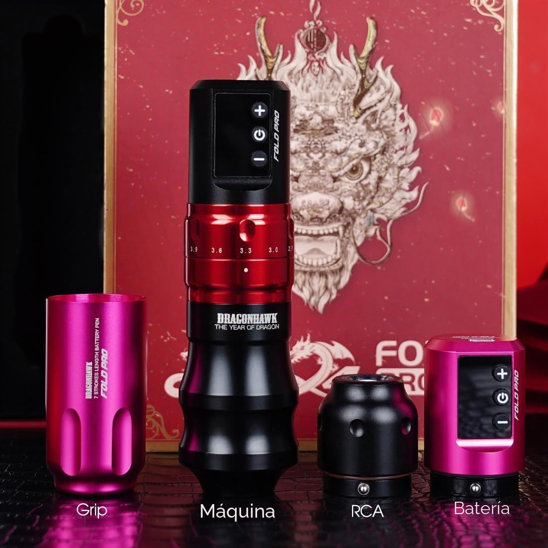 Dragonhawk Fold Pro Wireless Tattoo Machine Pen Máquina de tatuar Adjust Stroke Length 2.4 to 4.2mm Máquina de tatuaje con batería para Agujas de Cartucho de Tatuaje (RED)