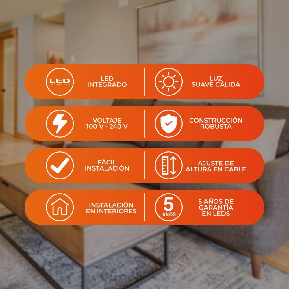 Infographic showing features: Integrated LED, Warm Light, 100-240V, Robust Construction, Easy Installation, Cable Height Adjustment, Indoor Installation, 5 Year LED Warranty