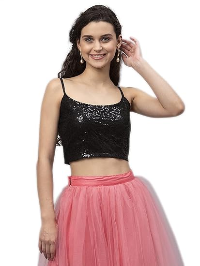 Women's Girls Net Sequins Embroidered Spaghetti Crop Top for Wedding Party Festive