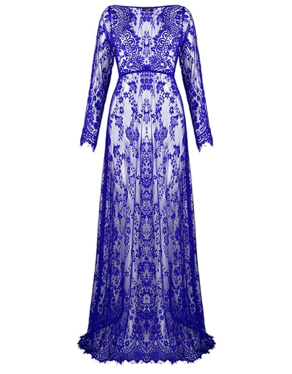 ZIUMUDY Sexy Deep V-Neck Long Sleeve Lace Beach See-Through Maternity Maxi Dress: X-Large Navy Blue