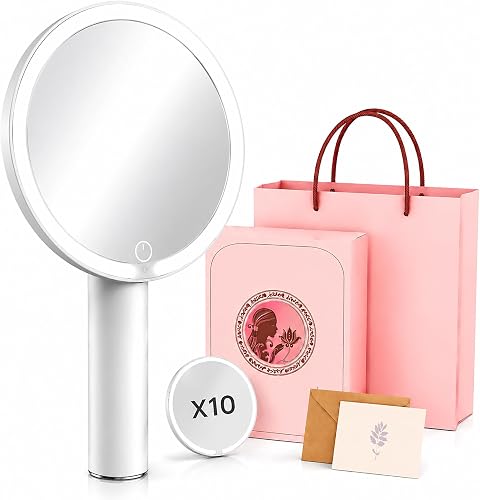 9 Inch 68 LED Makeup Mirror with 10X Magnifying Mirror, Rechargeable Lighted Vanity, 3 Color Modes & Adjustable Brightness, USB-C Portable Design, Gift for Women | 68 LEDs, 3 Color Lighting, 360° Swivel & Dimmable Touch Control, Portable for Desktop, Bathroom, Travel