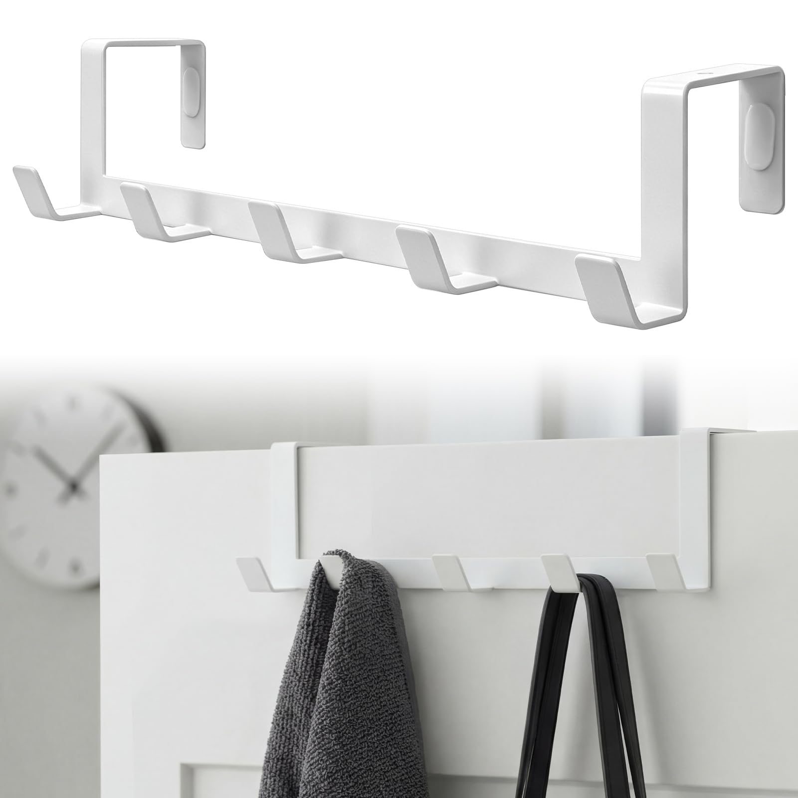 Photo 1 of Chumia Over The Door Hooks for 1-3/8" Thin Doors, 5-Hook Minimalist Door Hanger Rack, Space Saving Coat Holder for Hanging Towels, Clothes, Backpacks, College Dorm Essentials, White