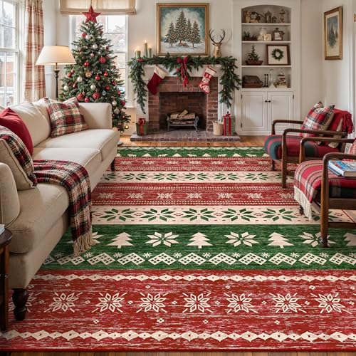 PureCozy Weihnachtsteppich Läufer, 60 x 180 cm Waschbar rutschfest Roter Teppiche Weihnachtsdeko Innen für Wohnzimmer Schlafzimmer Küche Kinderzimmer Eingangsbereich Weihnachtsbaum, Kurzflor