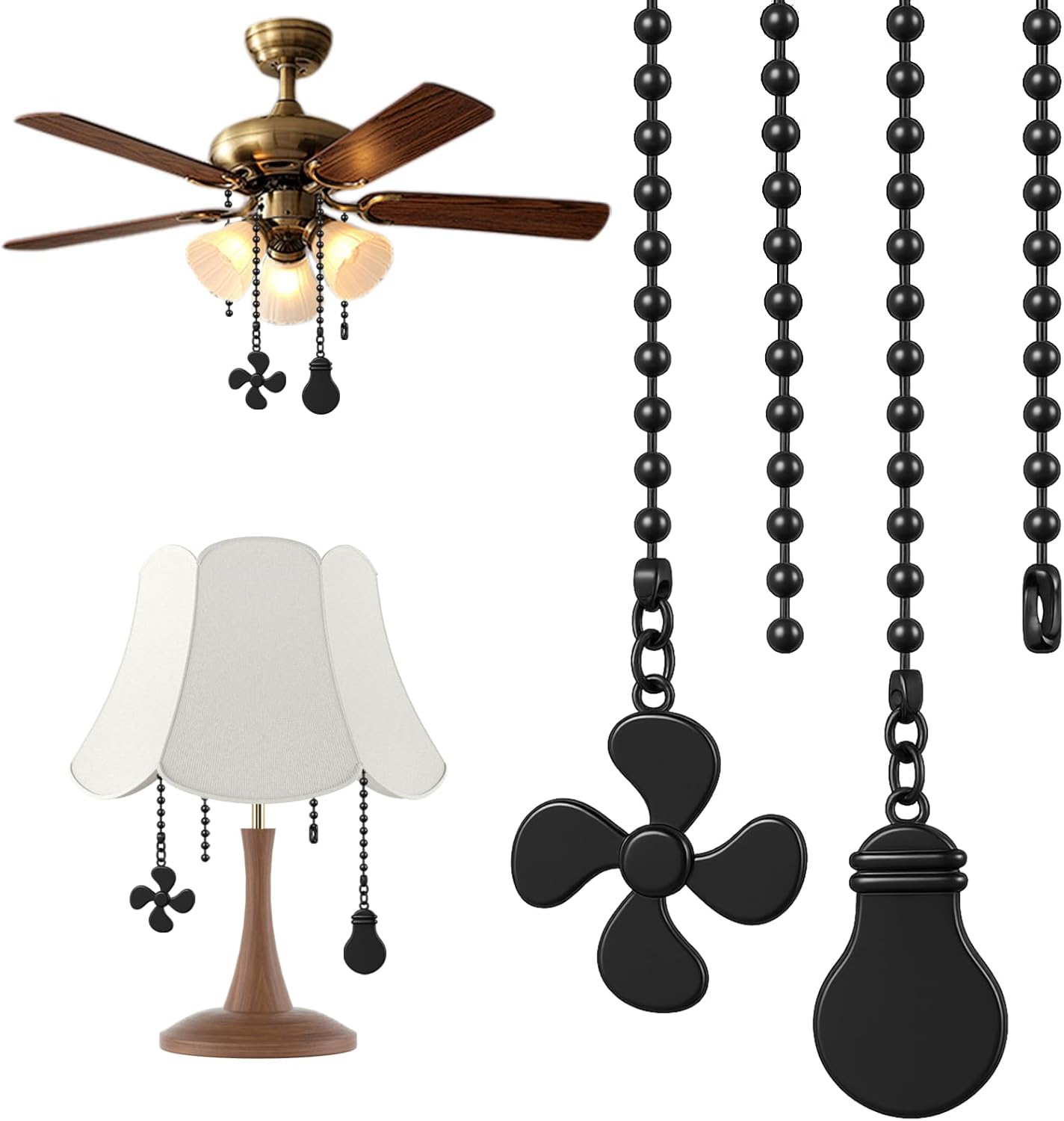 Ceiling Fan Pull Chain Extension, Metal Fan Light Switch Pull Chain Extender with Pendant, Adjustable Fan Switch Chain for Lamp and Ceiling Fan