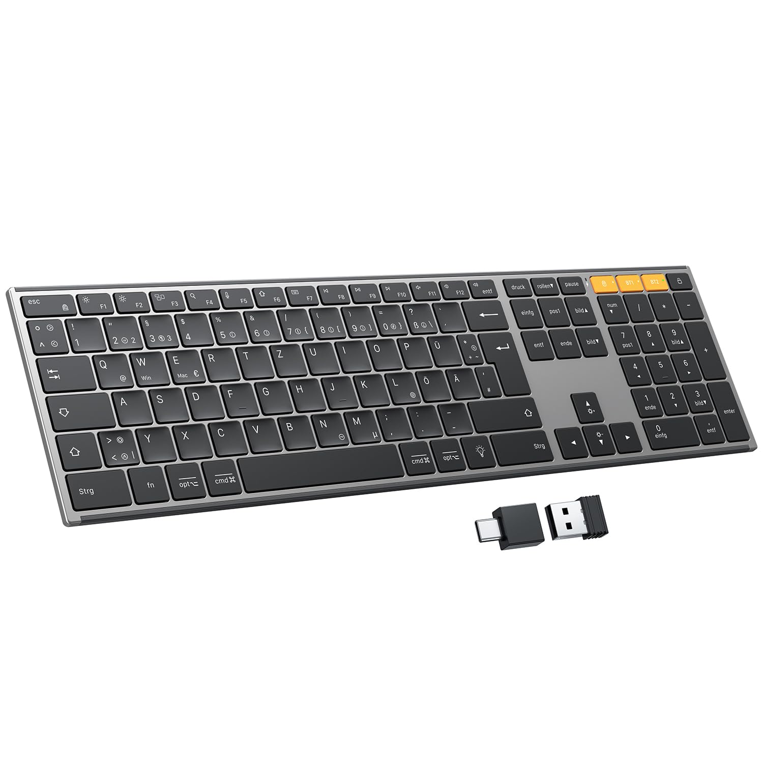OMOTON Kabellose Tastatur Bluetooth, Metallgehäuse, Deutsches QWERTZ Layout | 2,4G+BT, Beleuchtet, Schlanke Scherenmechanik für Leises Tippen, Wiederaufladbare, für Windows PC/MAC, Büro/Homeoffice