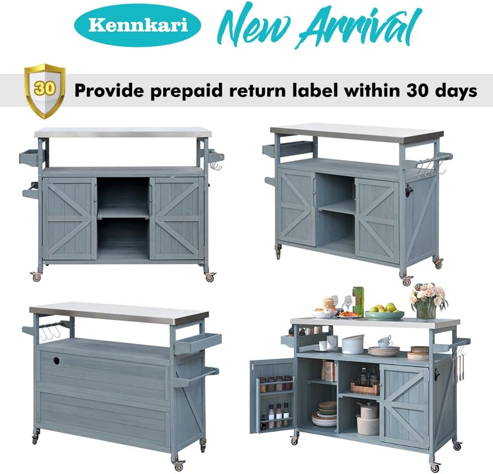 Outdoor Rolling Kitchen Island on Wheels with Storage Cabinet, Solid Wood Island Table, Mobile Kitchen Cart with Stainless Steel Top, Farmhouse Grill Cart (Grey Blue)