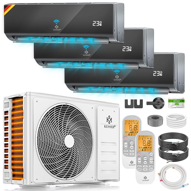 KESSER® Climatiseur multisplit 3 unités intérieures, 27000 BTU, climatiseur split avec WiFi/application, chauffage et refroidissement, inverter, mode éco,...