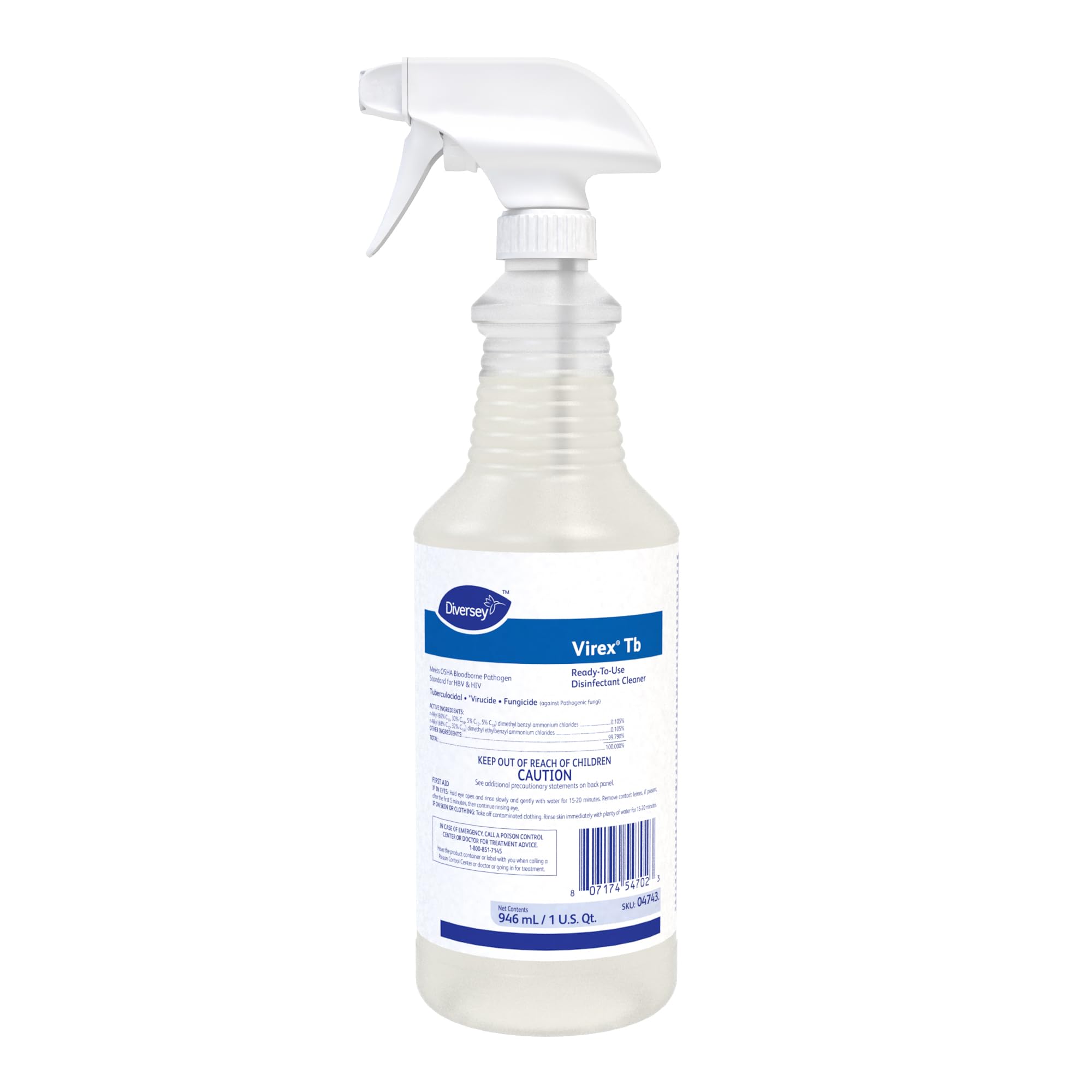 VIREX Diversey Tb 04743. Disinfectant Cleaner, Hospital Use Tuberculocidal, Virucide, Fungicide with Lemon Scent, Ready-to-Use Liquid, 32-Ounce (Pack of 12 plus 1 Reusable Sprayer Nozzle)