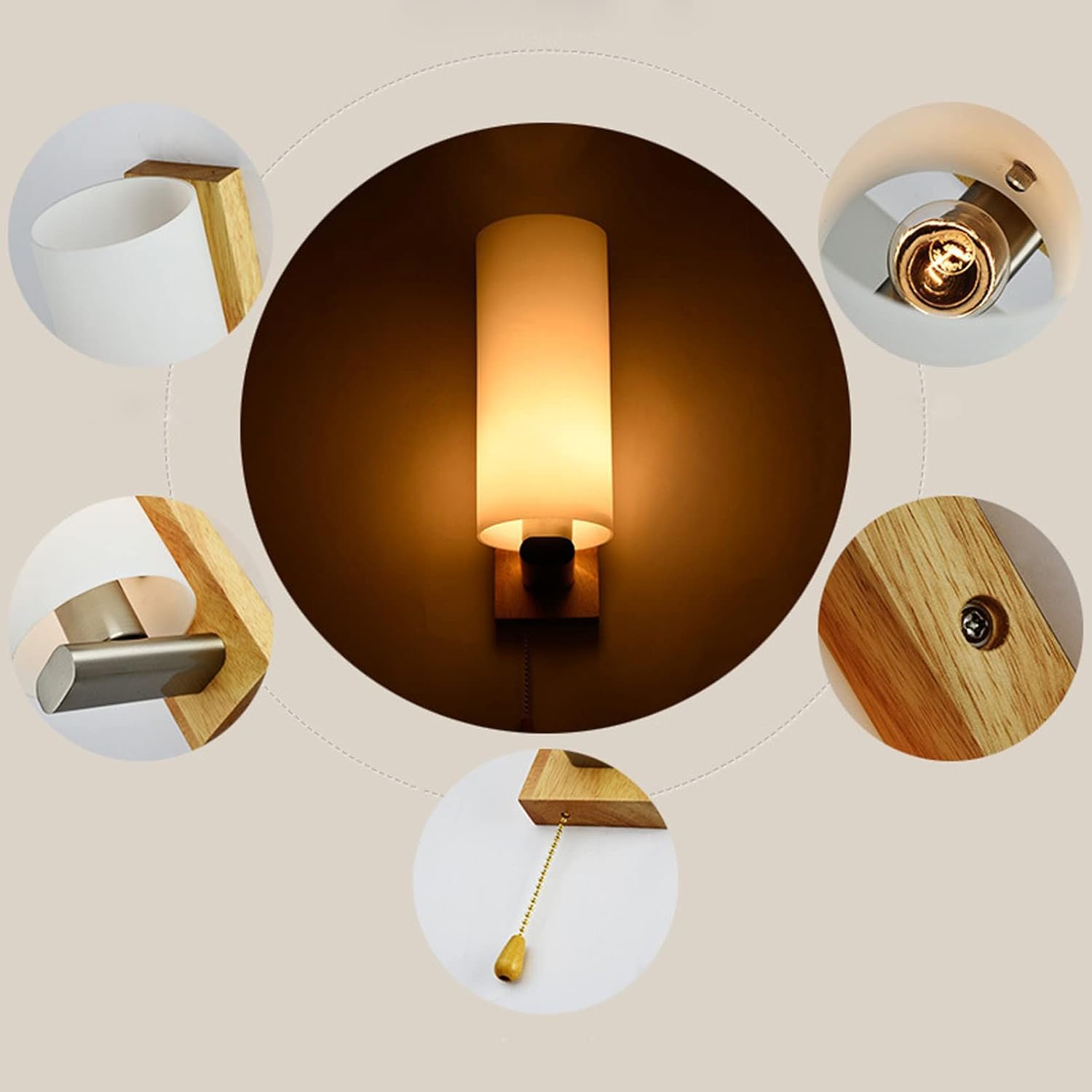 Modern Wandleuchte mit Zugschalter Glas Lampeschirm Wandlampe mit Schalte Holz & Glas Lampeschirm Rund Wandleuchten Lampe Innen Beleuchtung Wohnzimmerlampe Flur Schlafzimmer Leuchten