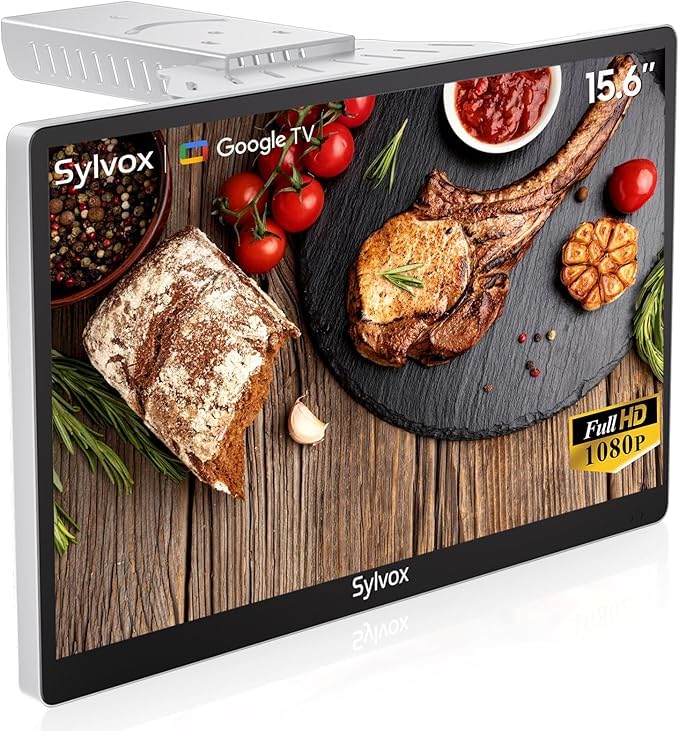 SYLVOX 15,6 Zoll Küchenfernseher - Mini Smart TV mit Google TV, DVB-C/T2/S2, 1080P Full HD, Dreh- und Faltbar, Unter Schrank Montierbar, 12V Kleiner Fernseher für Küche, Kinderzimmer, Wäscherei