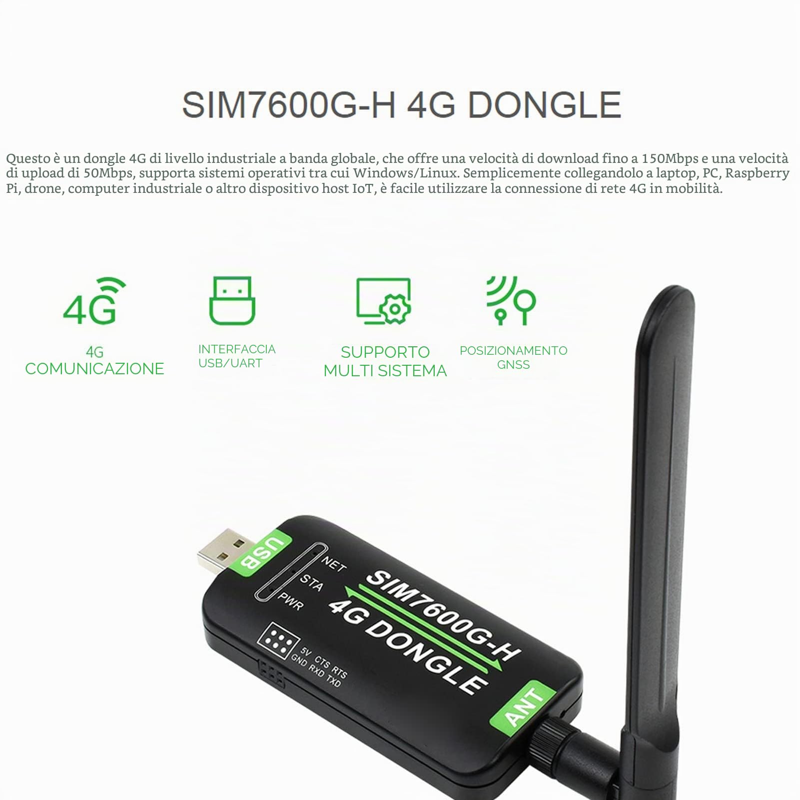 VBESTLIFE Dongle USB 4G LTE, Modulo DONGLE 4G Supporto Comunicazione UART USB 2G 3G 4G 50Mbps Uplink 150Mbps Downlink, con Antenna Girevole