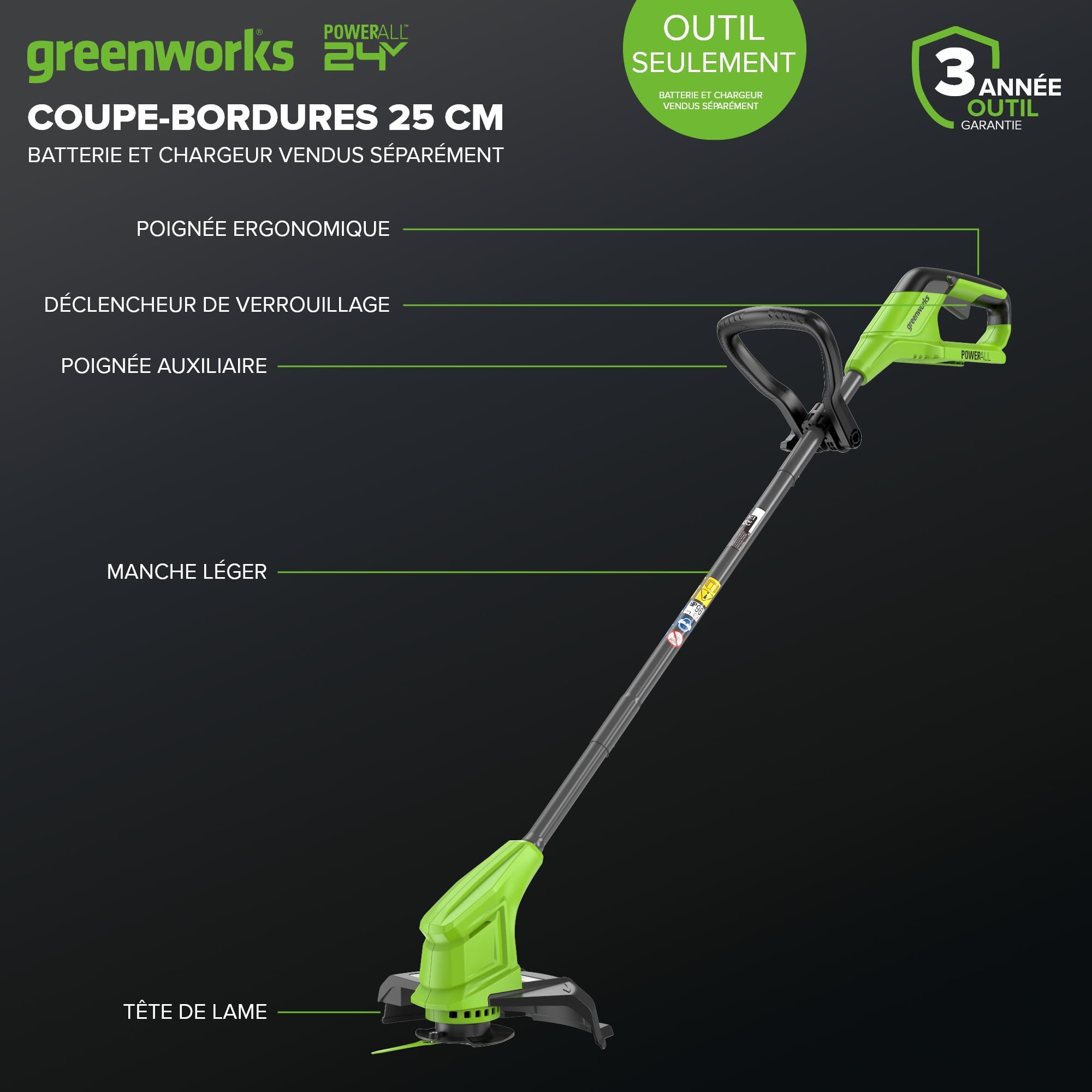 Greenworks G24LT25K2 Cordless Strimmer for Small to Medium Gardens, 25cm Cutting Width, Autofeed 1.65mm Nylon Line with 24V 2Ah Battery & Charger, 3 Year Guarantee