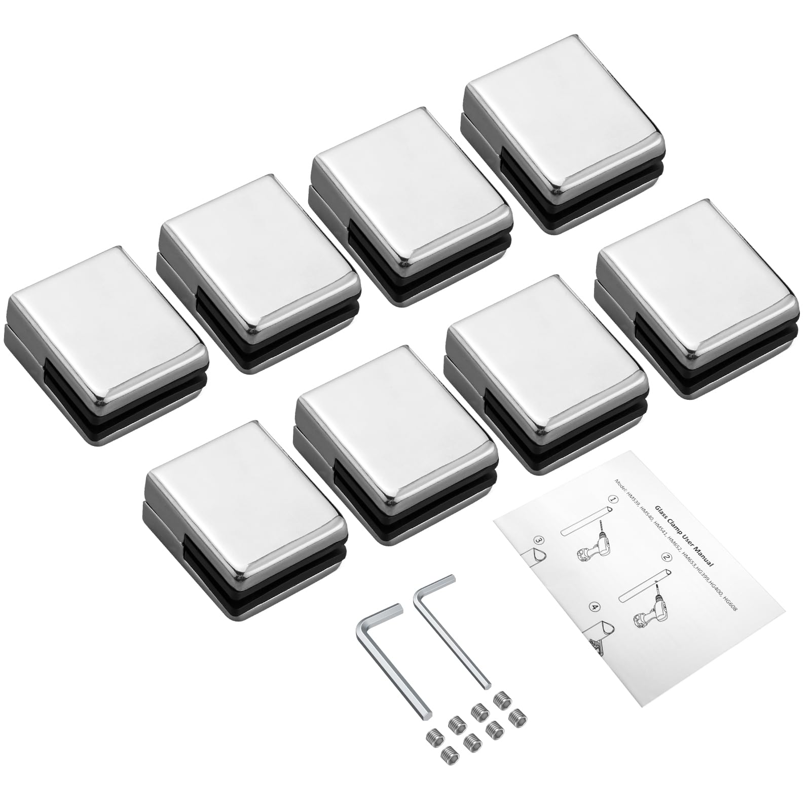 Proster 8 PCS Pinces à Verre Taille M (8–9 mm) en Acier Inoxydable – Dos Plat, Finition Polie, Fixation Antirouille avec Vis de Serrage pour Balustrade, Garde-Corps, Escalier et Main Courante | Aspect Argenté Brillant, Visserie et 2 Clés Incluses, pour Ba