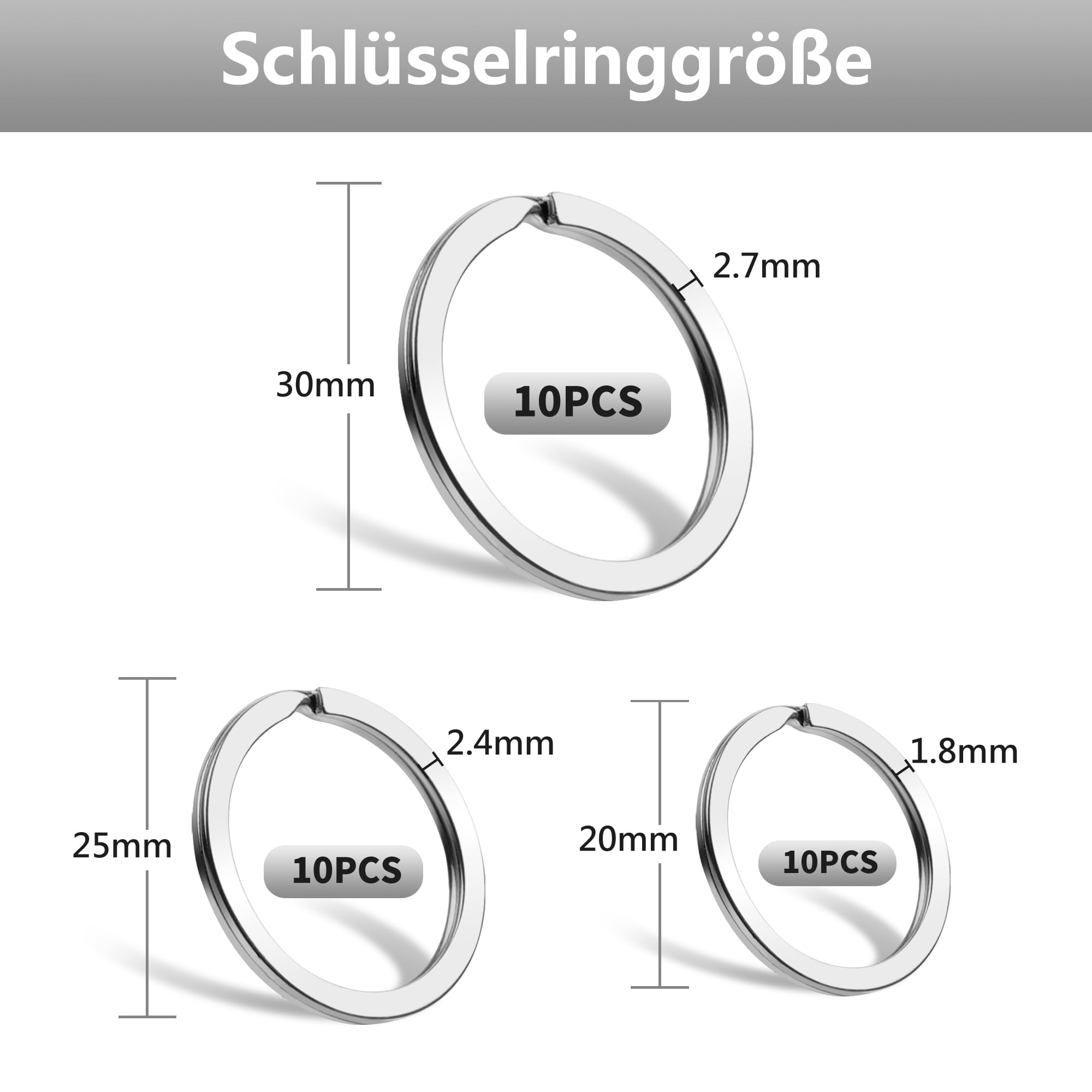 30PCS Porte-Clés en Acier Inoxydable, 20/25/30mm, Métal Alliage Anneau Porte Clef, Anneaux de Clé Résistants pour Maison, Voiture, DIY et Accessoires - 3