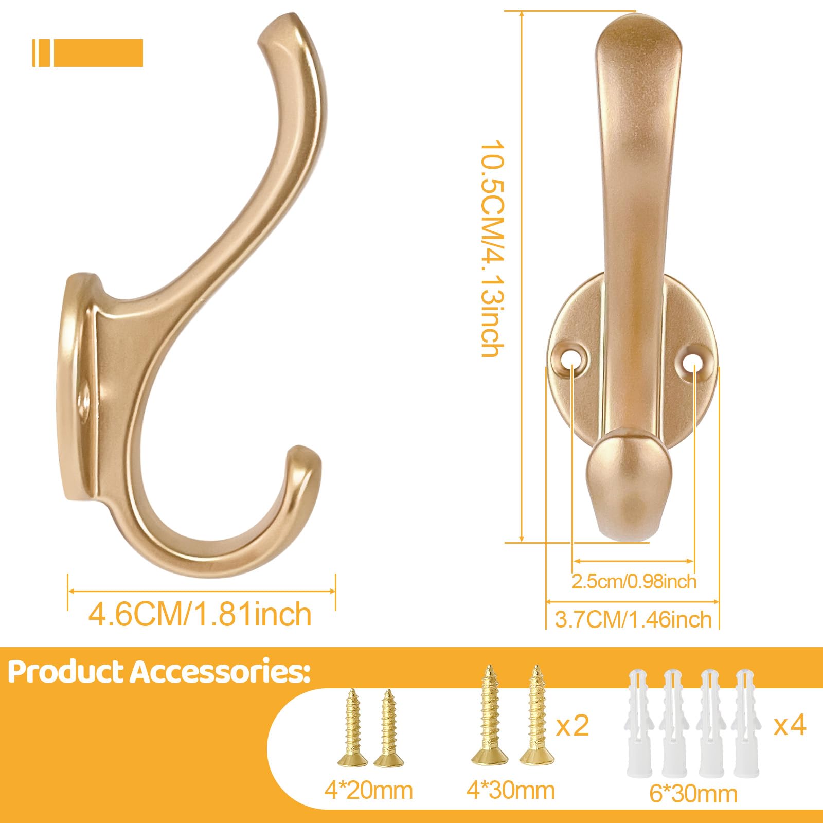 Confezione da 10 ganci appendiabiti da parete, resistenti, stile retrò, doppi ganci per appendere cappotti, cappelli, asciugamani, chiavi, accappatoi, sciarpe, borse, cappelli (oro)