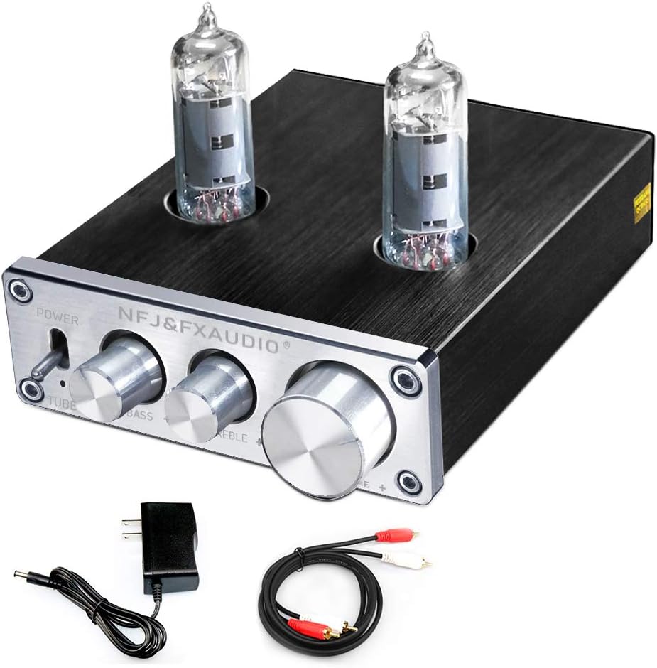 FX-AUDIO TUBE-03 Tube Preamplifier 6K4 Tube Hi-Fi Tube Preamp with Bass & Treble Control Home Theater Stereo Audio Preamplifier DC 12V (Silver)