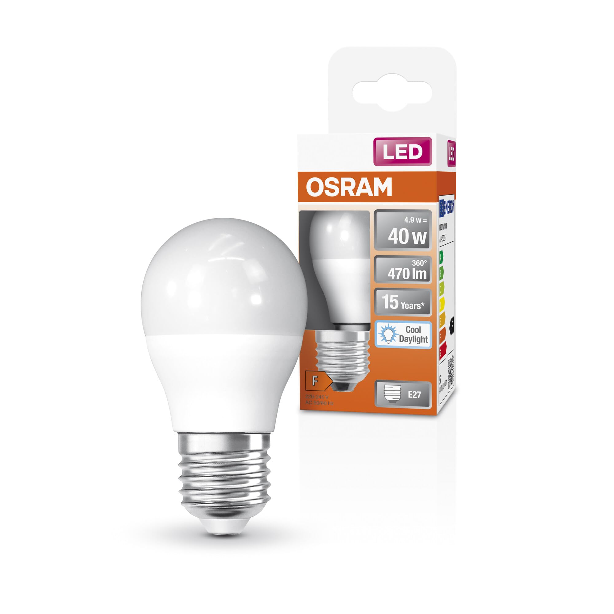 OSRAM Lampada LED Classic A40 a stella LED per presa E27, forma della pera, FR, 470 lumen, bianca diurna, 6500k, sostituzione di lampadine da 40w convenzionali, non dimmerabile, pacchetto da 6