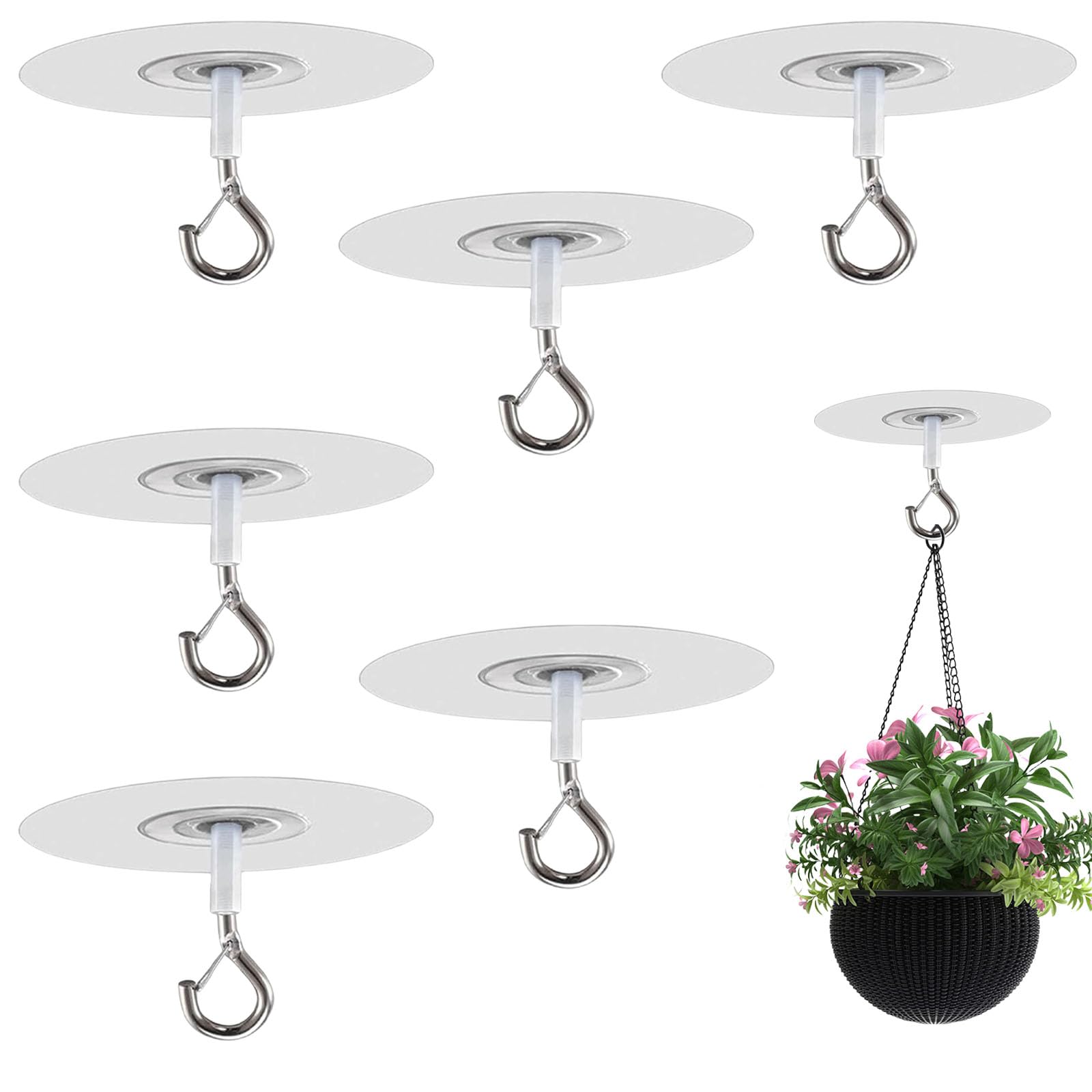 Mokeum 6PCS Adhesive Ceiling Hooks, Heavy Duty Self-Stick Ceilings Hooks, No-Drill Adhesive Ceiling Hook for Hanging Plants, for Bird Feeders, Lanterns, Wind Chimes, Planters, Outdoor Decoration