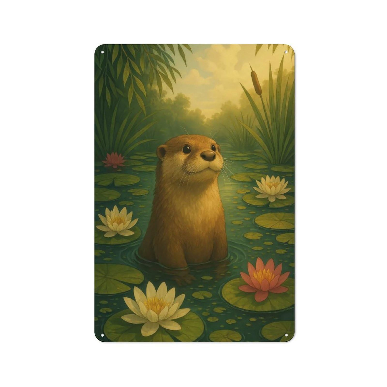 Junmoney Otter In Lily Pond Retro Metal Plaque 30X20cm For Café Or Home Bar, With Clear Retro Wall Decor Character