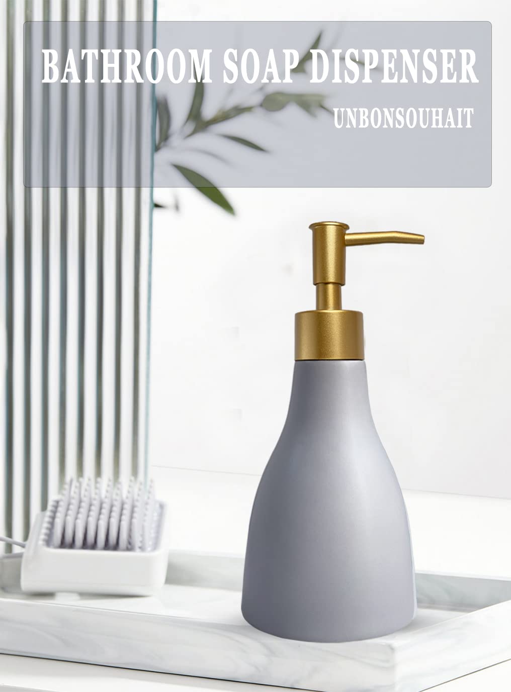 Dispensador de jabón líquido de 280 ml para baño con bomba dorada, dispensador de jabón para fregadero de cocina, dispensador de jabón de manos recargable de cerámica gris para encimera o ducha