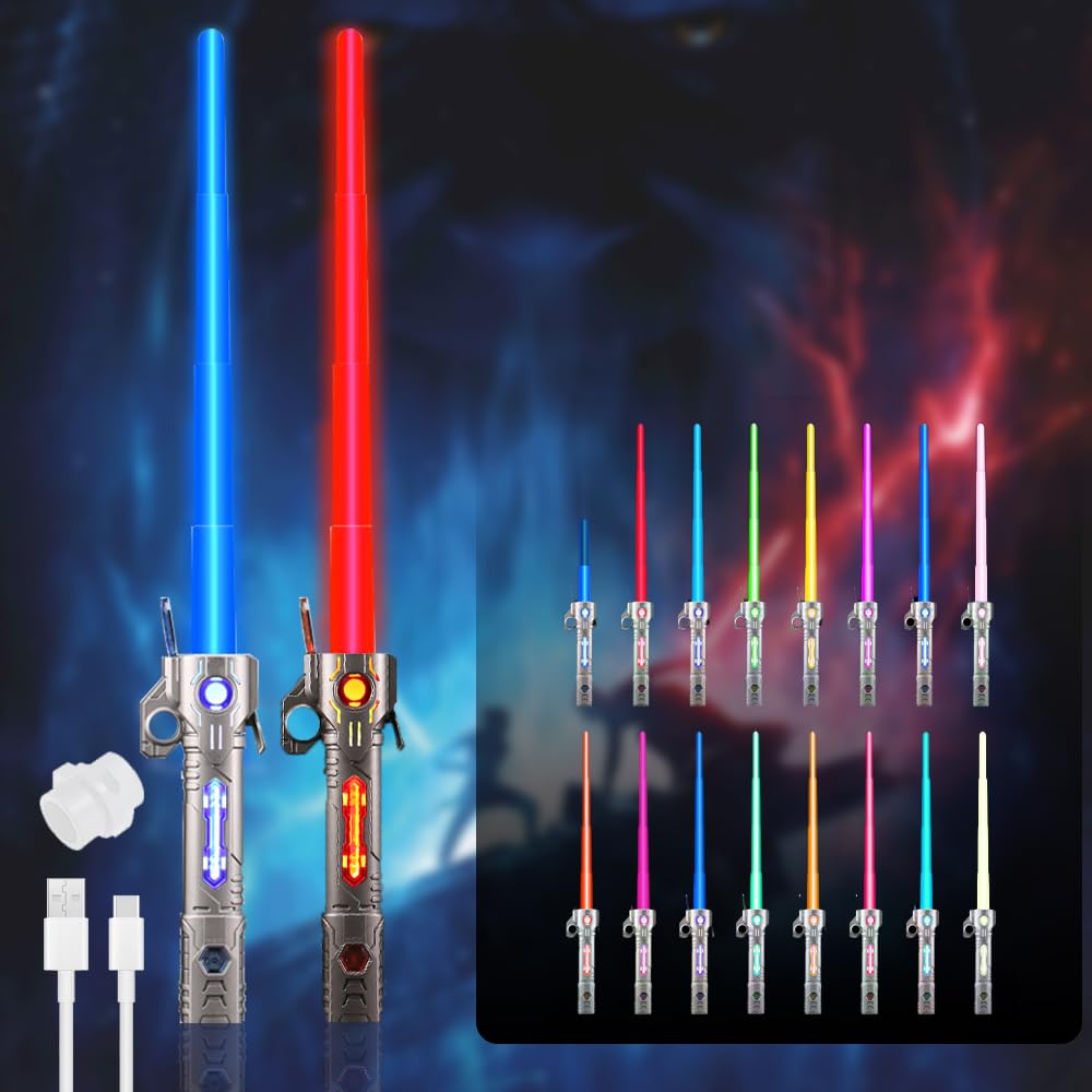 Sable de Luz, 2Pcs Espada Laser Niños, 15 Colores Sonido de Combate Simulado, Espada Láser, Sable de Luz Led, Espada Láser Retráctil 2 en 1 para Niños ( Plateado + Negro)