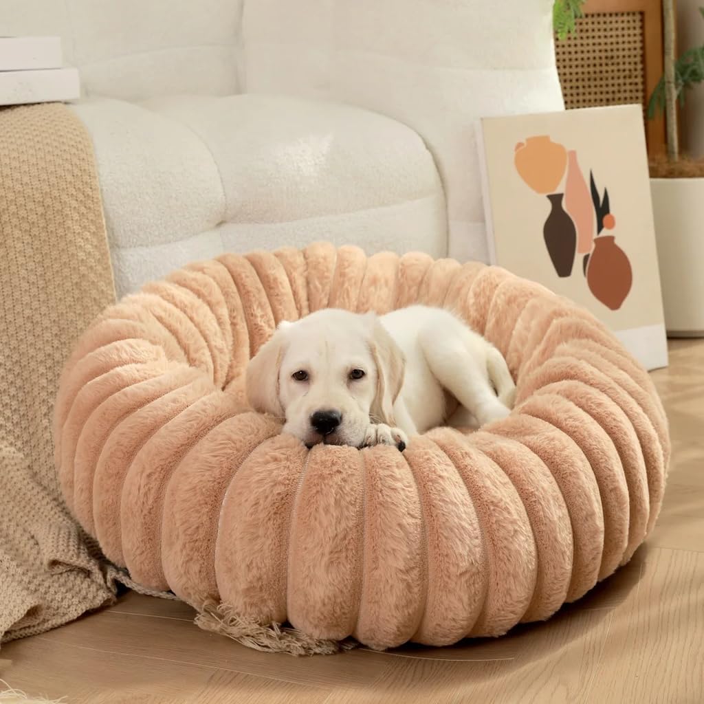 JupiterJX Rabbit Fur Soft Donut Dog Bed, Round Cat Bed Anti Slip Bottom, Fluffy Pet Bed Washable Winter Warm Puppy Beds Sofa Sleeping Cushion For Small Medium Large Dogs (Beige, 60cm) — image 1