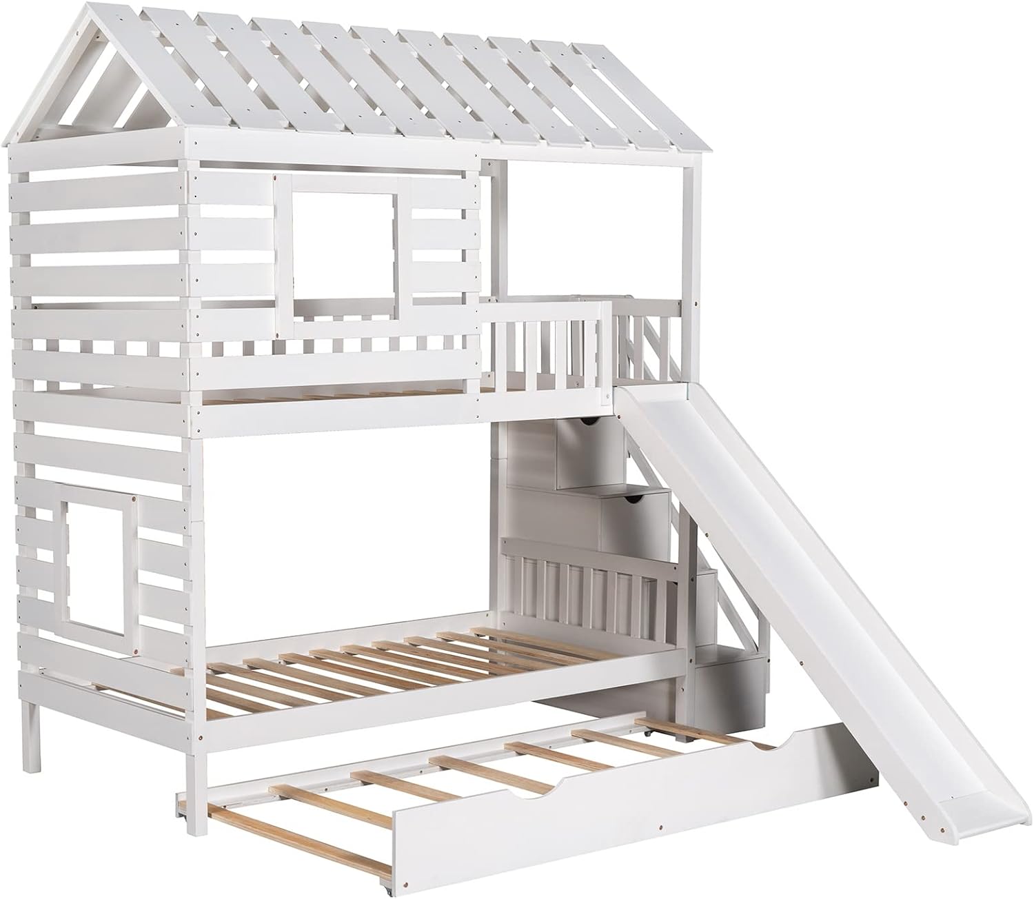 House Bunk Beds with Stairs/Slide/Trundle Twin Over Twin Bunk Bed Playhouse Bunked Frame for Kids Girls Boys Teens, White