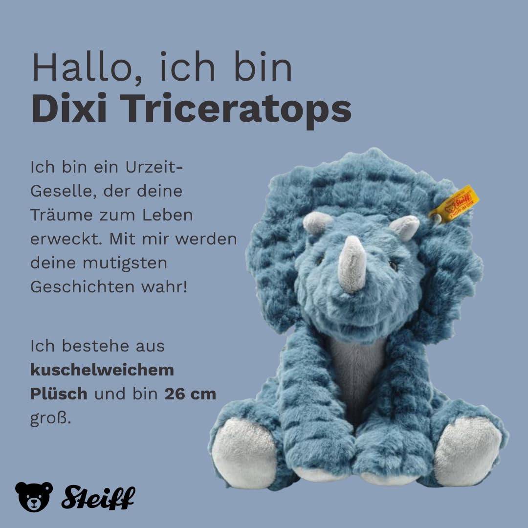 Steiff Soft Cuddly Friends Dixi Triceratops Petrol 28 cm, przytulanka z miękkiego pluszu