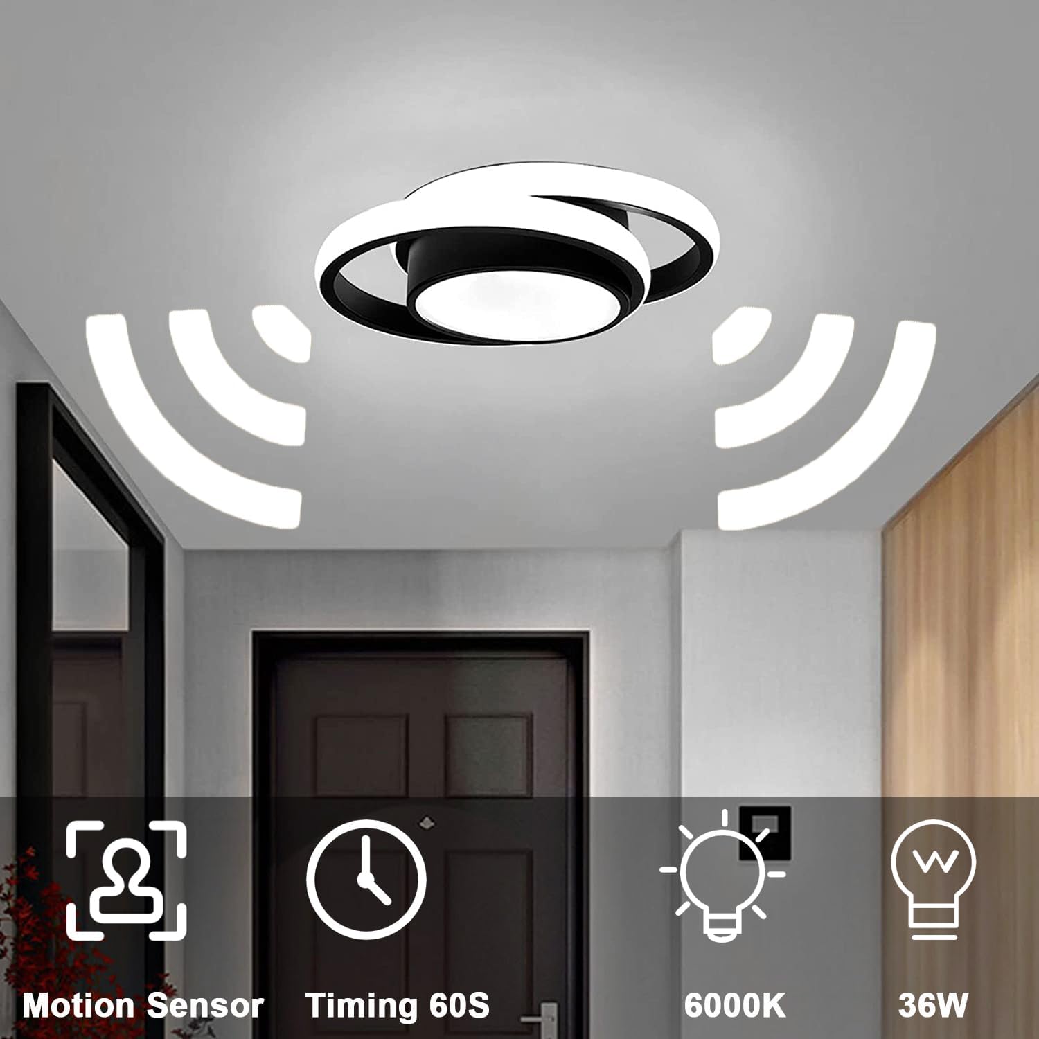 Motion Sensor LED Ceiling Light Indoor, 36W Cool White Mount Motion Activated Light Fixture Modern Flush Mount Ceiling lamp for Closet Laundry Bathroom Hallway Stair Porch Basement. (Round)