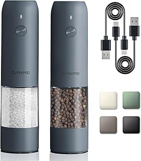 Electric Salt and Pepper Grinder Set with USB Rechargeable, Automatic One Hand Operation with Adjustable Coarseness, Pepper Mill Grinder Refillable with LED Light, Kitchen Gadgets (2 Packs, Blue-Grey)