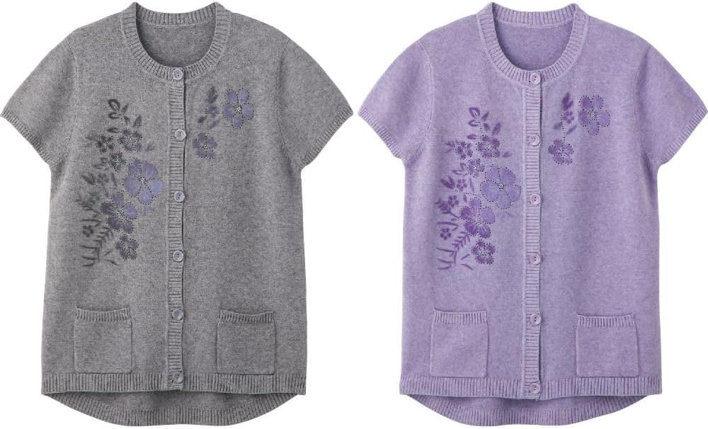 婦人もちもちニット斜め釦ホールベスト 820897-21濃グレーＭ～Ｌ 立体的なフロッキープリント