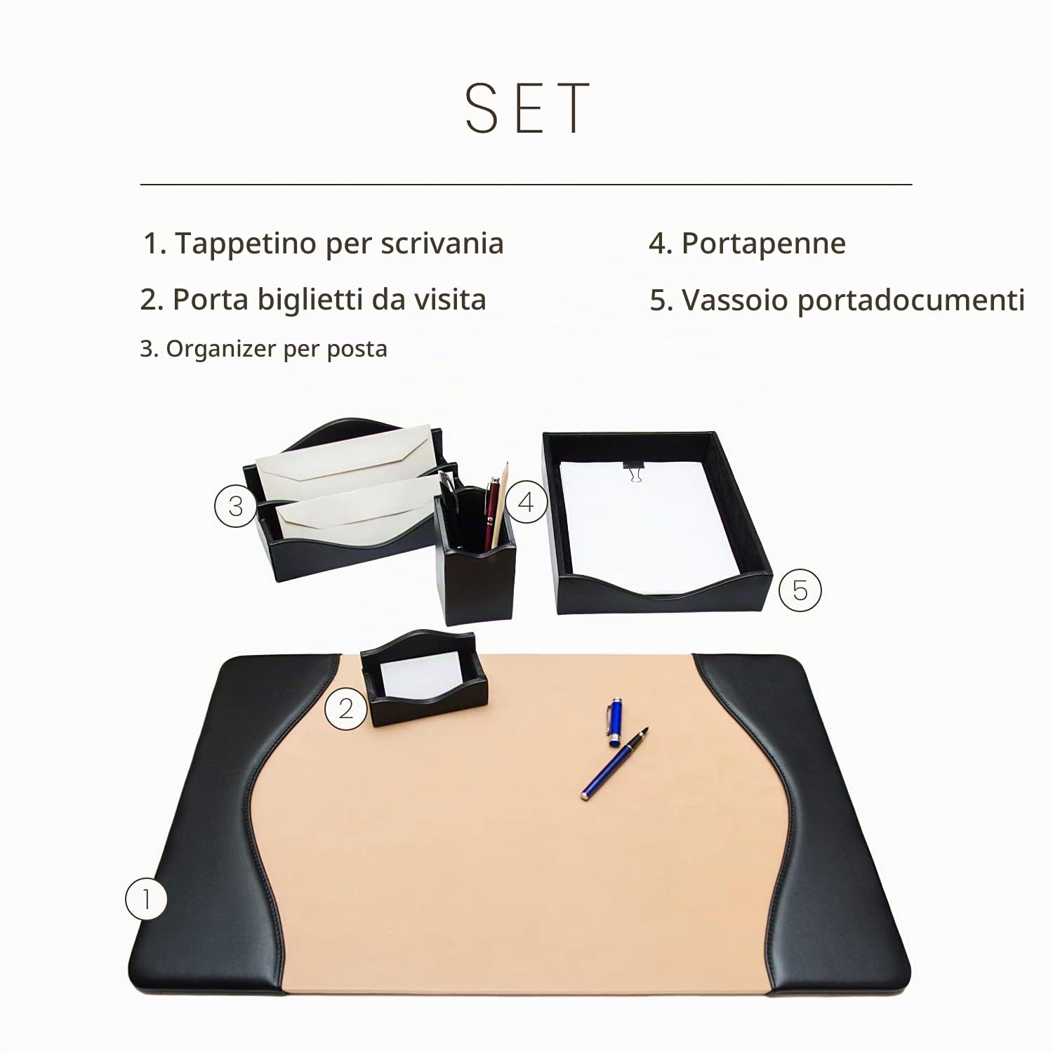Set da Scrivania 5 Pezzi - 100% Pelle Pieno Fiore, Aspetto Naturale - Fatto a Mano in Italia da Esperti Artigiani - Elegante e Funzionale, ideale per l'Ufficio - Nero